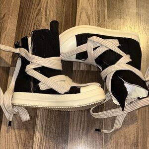 Rick Owens Black Canvas High-Top Ankle Boots with Cream Laces